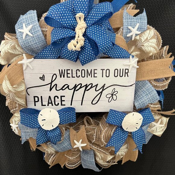 Angelic Wreaths By Diane Other - Welcome to Our Happy Place Beach Wreath Made of Deco Mesh